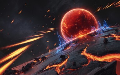 Obraz premium Eternal Inferno: Witness the raw cosmic power as a colossal, burning celestial body emerges above a dynamic, fiery landscape, igniting a sense of wonder and the immensity of the universe. 