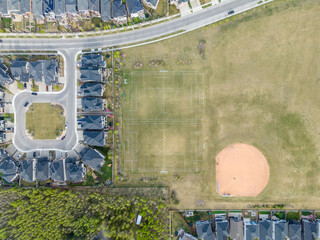 Aerial view of sports fields in suburban Calgary, Canada.