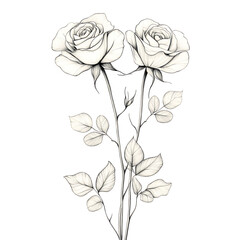 Hand drawn monochrome roses with stems and leaves appear against a transparent backdrop