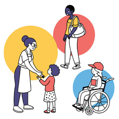 Fototapeta premium Diverse group of people including a woman handing something to a child with circles in the background