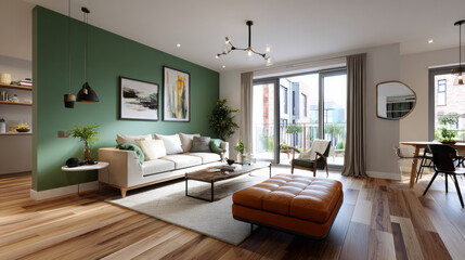 Fototapeta premium Stylish Living Room with Wooden Flooring and a Vibrant Green Feature Wall 
