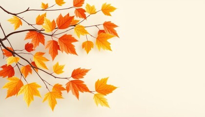 Autumn Maple Leaves on Branches with a Light Cream Background Space