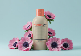 Shampoo with Flowers Packaging Label Mockup