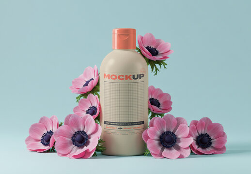 Shampoo with Flowers Packaging Label Mockup