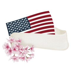 Obraz premium United States of America flag and flowers. White ribbon for text. Pink cherry blossoms. Washington D.C. Cherry Blossom Festival. Watercolor illustration. Hand drawn.