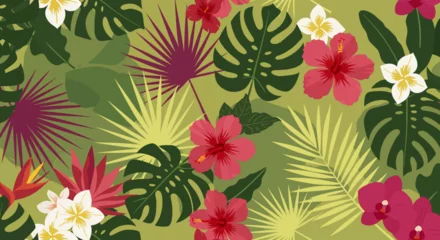Fotobehang Tropische Bladeren Tropical Foliage and Floral Pattern with Hibiscus Plumeria and Monstera Leaves.  © agra