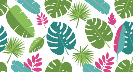 Naklejka premium Tropical Foliage Pattern Monstera Palm and Banana Leaves in Vibrant Green Teal and Pink.