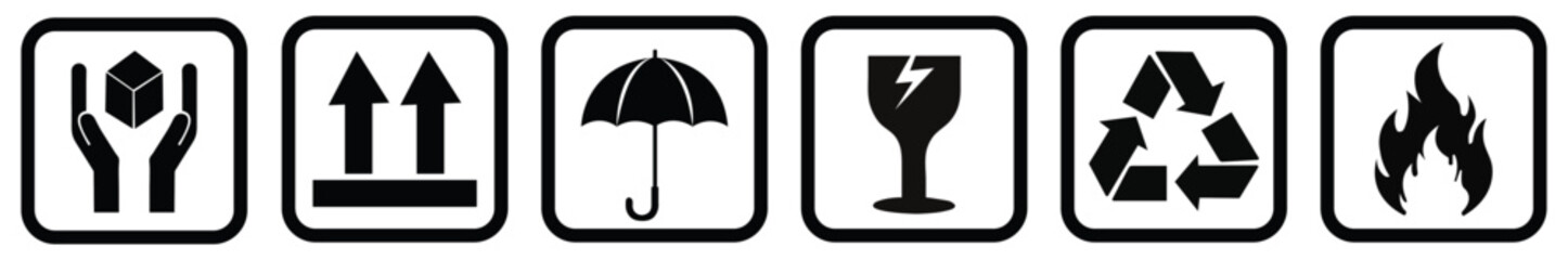 Packaging handling symbols vector set for shipping fragile goods and safety instructions for delivery boxes on white background. Package Handling Icons Set. Shipping and Packaging Signs