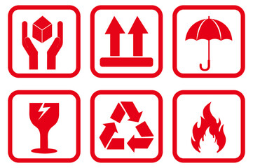 Packaging & Warning Symbols Vector Set, Package Warning Symbols, Fragile, Handle with Care, Flammable, recycle, This Side Up, Delivery, Shipping Icons on white background. Fragile and handle with Care