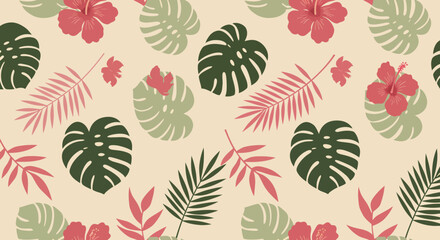 Tropical Pattern with Hibiscus Flowers and Monstera Leaves in Earthy Tones.