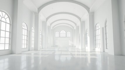 Fototapeta premium Bright expansive hall with arched windows and pillars in an elegant all-white design bathed in soft sunlight creating a serene atmosphere