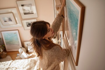 Woman arranging art in a cozy room with soft lighting, showcasing her personal style and creative expression