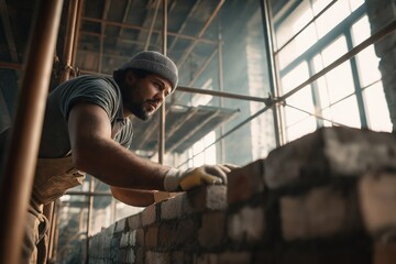 Fototapeta premium Skilled mason working diligently on a brick wall in a well-lit construction site during the morning hours