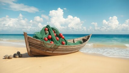 Tranquil beach scene showcasing a rustic wooden fishing boat filled with a vibrant green net and red buoys
