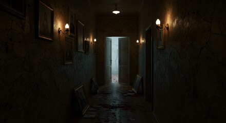 A dark, narrow hallway with cracked walls, broken light bulbs flickering.
