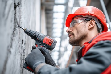 Skilled worker using power drill on construction site indoors during daylight hours