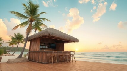 Seaside Escape A Tranquil Bar Overlooking the Ocean at Sunset, Offering Relaxation and a Serene Coastal Atmosphere