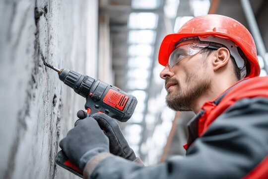 Skilled worker using power drill on construction site indoors during daylight hours