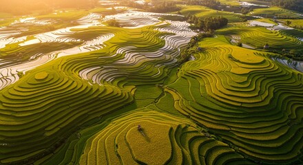 Breathtaking Aerial View of Golden Rice Terraces at Sunrise, Stunning Natural Landscape in Southeast Asia. High quality professional stock photo suitable for commercial use.