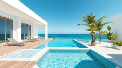 Fototapeta premium Luxury villa with a swimming pool, ocean view, palm trees, and deck chairs under a clear blue sky