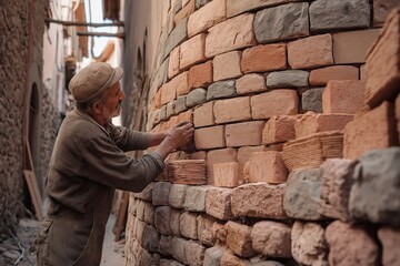 Skilled artisan constructs a wall with traditional bricks in a rustic setting during daylight hours