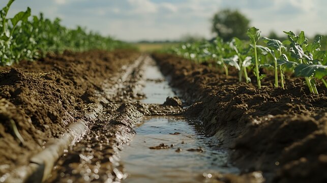A close up view of a furrow filled with water in a field of young green plants