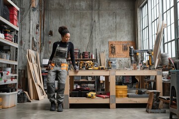 Skilled craftsperson working in a spacious workshop with various tools and materials during daylight hours