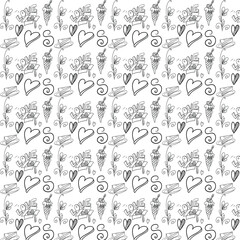 Seamless pattern of hand drawn doodle icons set with school symbols and business elements