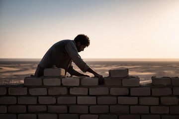 Construction worker building a brick wall in a desert landscape during sunset hours