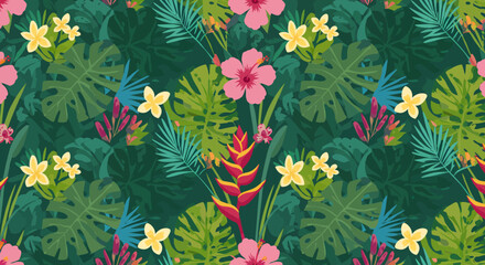 Vibrant tropical pattern with hibiscus plumeria monstera and heliconia flowers.