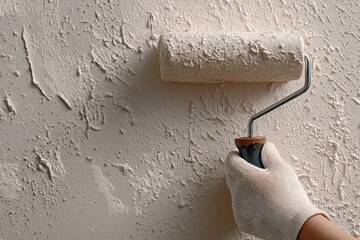 Painting a textured wall with a roller in a residential space during home renovation