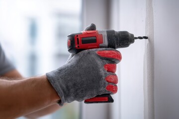 Hand using cordless drill to create hole in wall for installation or repair works in a modern indoor setting