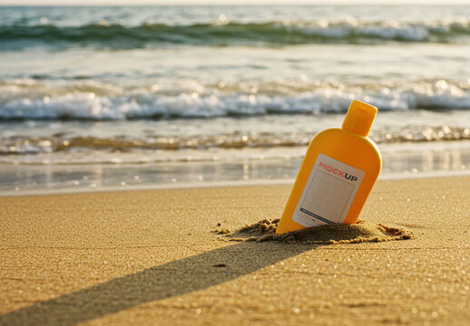 Sunscreen Bottle Label Mockup on the Beach Scene