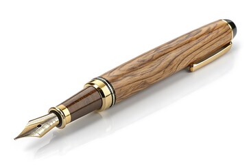 Naklejka premium Elegant fountain pen with wooden grain and gold accents on a white background