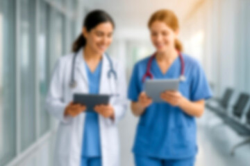blurred for background. blurred figures of doctors and nurses in a hospital corridor. Doctors and...