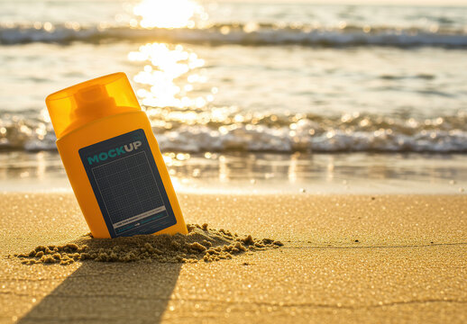Sunscreen Label Mockup on the Beach Scene