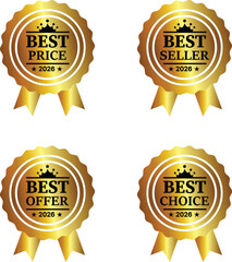Four gold award seals for best, price, seller, offer, and choice, badge vector illustartion
