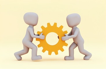 3D cartoon coworkers carrying large interlocking gear together, working in sync, teamwork and coordination concept