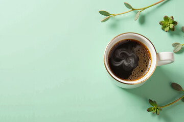 A minimalist flat lay of a steaming coffee cup from above, surrounded by small green plants on a soft pastel green surface.
