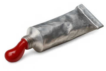 Red paint flowing from metallic tube, bursting with vivid color against transparent surface, revealing artistic potential