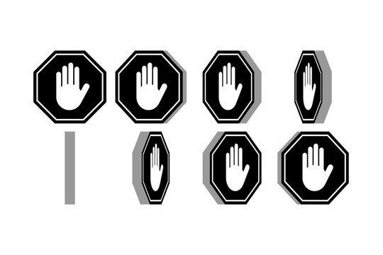 Rotating Black and White Stop Hand Block Octagon Sign or Adblock or Do Not Enter or Forbidden Icon Sprite Sheet for Game and App UI Animation. Vector Image.