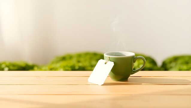 cup of a green tea with an empty white price tag on it, wooden table background, copy space