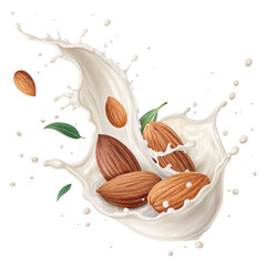 Almonds with milk splash isolated on transparent background for vegan plant based drink packaging and healthy product branding