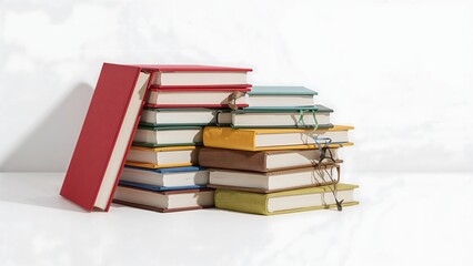 High-Resolution Stock Photo Stack of Colorful Books and Glasses
