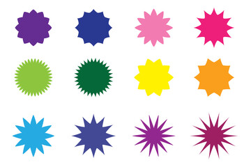 Colorful sunburst stickers, starburst badges set. Red labels, blue stickers, green color, purple and yellow price tags. Vector illustration isolated on white background.