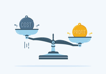 economic balance, Scales with criss and profit signs in gold and iron ball symbols to indicate risk.
