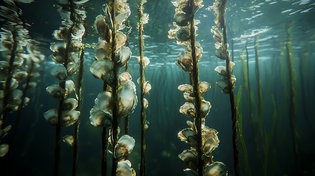 Underwater view of oyster clusters attached to vertical structures in the ocean water
