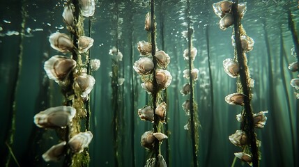 Underwater view of vertical ropes covered in oyster shells in a murky environment