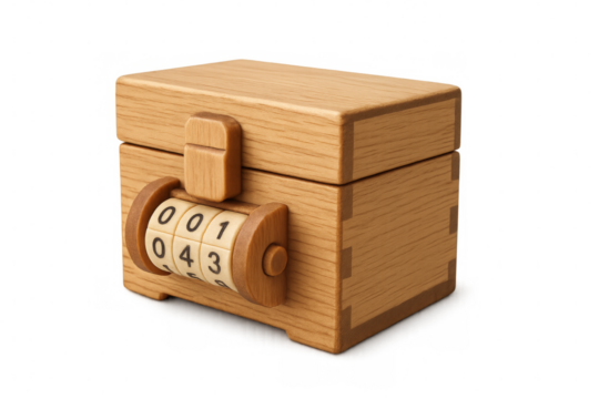 Wooden treasure chest with combination lock on transparent background - Powered by Adobe