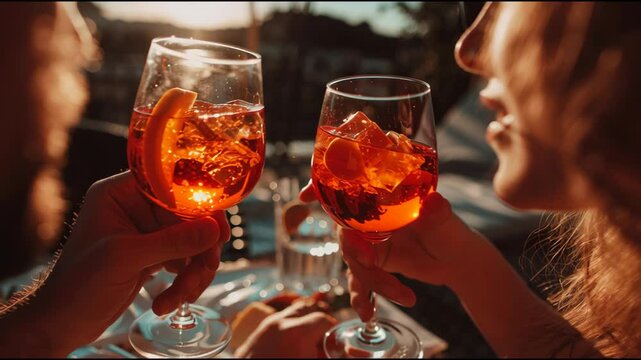 Sunset Toast with Refreshing Orange Aperol Spritz Cocktails, People Celebrating with Summer Drinks, Cheers at Outdoor Lounge Bar, Warm Light and Relaxing Atmosphere, Social Gathering, Close-up View